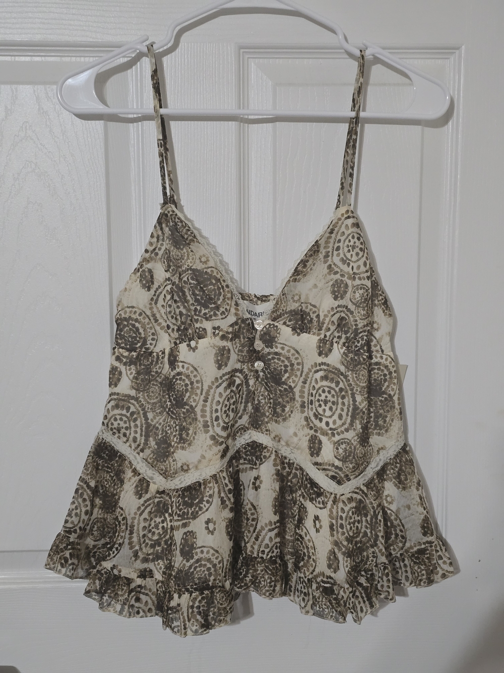 No Boundaries Cream and Brown Paisley Ruffle Camisole
